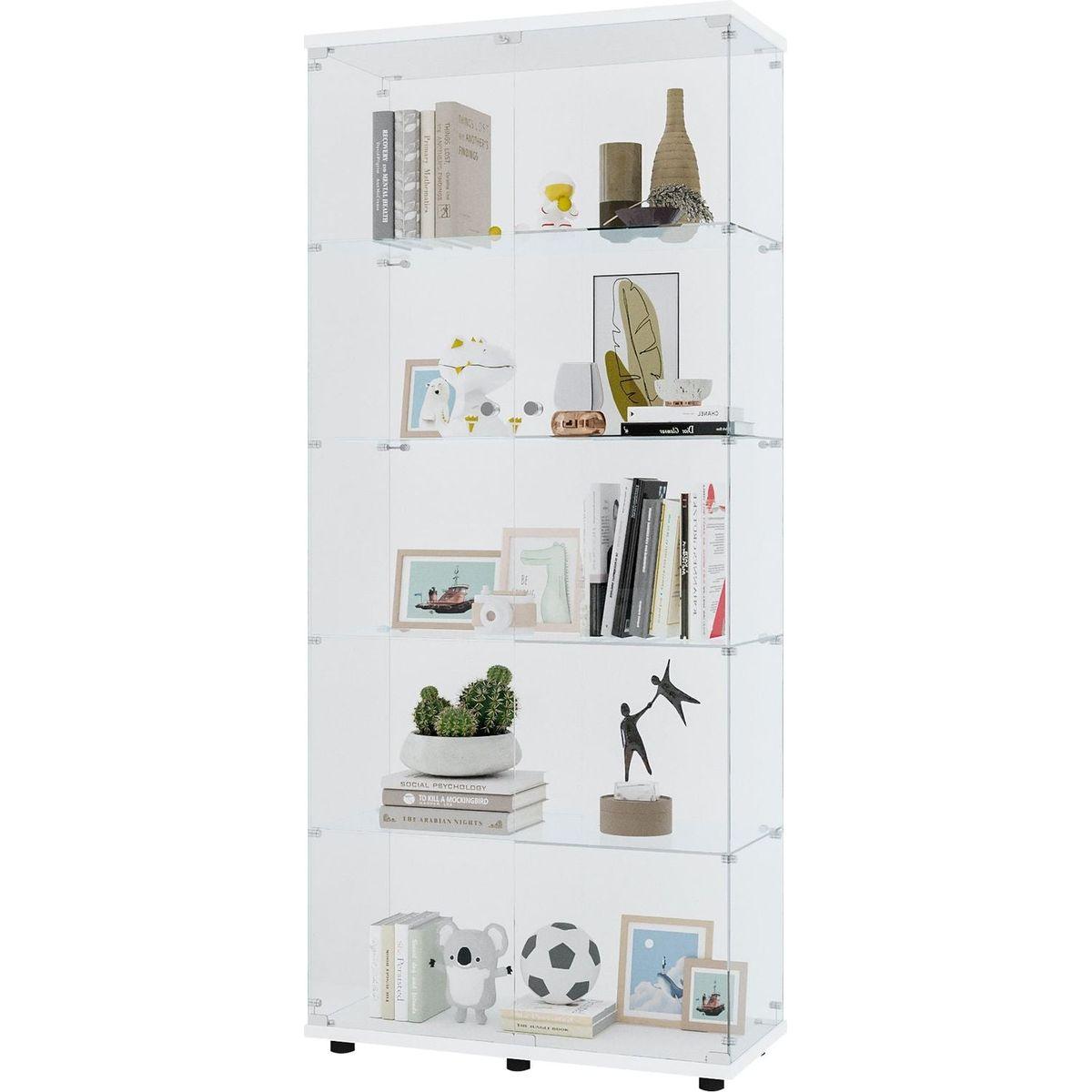 Glass Display Cabinet with 5 Shelves Double Door, Curio Cabinets for Living Room, Bedroom, Office, White Floor Standing Glass Bookshelf, Quick Installation