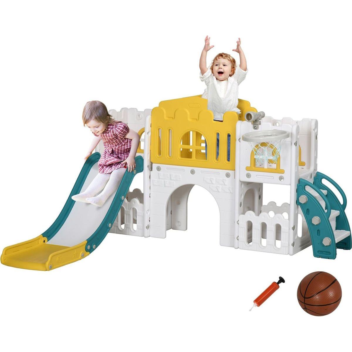 Qaba 8 in 1 Toddler Slide for Kids Age 1-3 Years, Indoor Kids Slide Playset with Basketball Hoop, Climber, Telescope, Tunnel, Steering Wheel, Aisle, Storage Baskets, Yellow