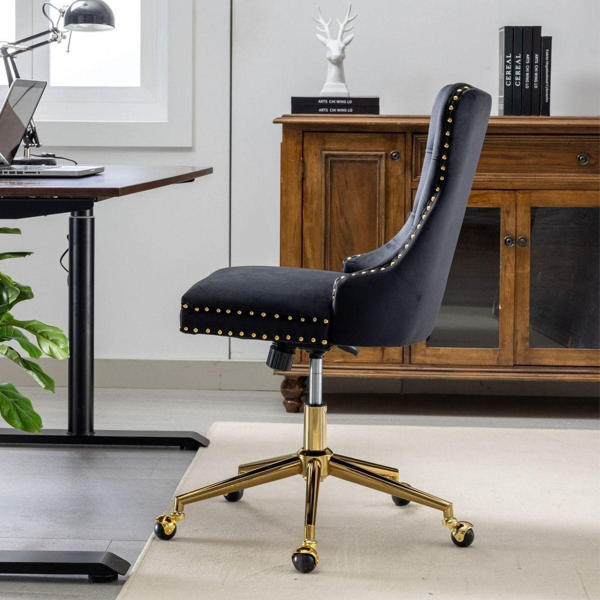 Office Chair,Velvet Upholstered Tufted Button Home Office Chair with Golden Metal Base,Adjustable Desk Chair Swivel Office Chair (Black)