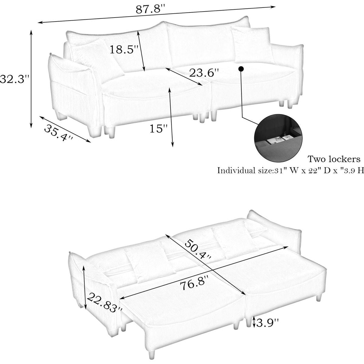 grey corduroy fabric, sofa can be converted into a sofa bed with two throw pillows, suitable for living room and other scenes