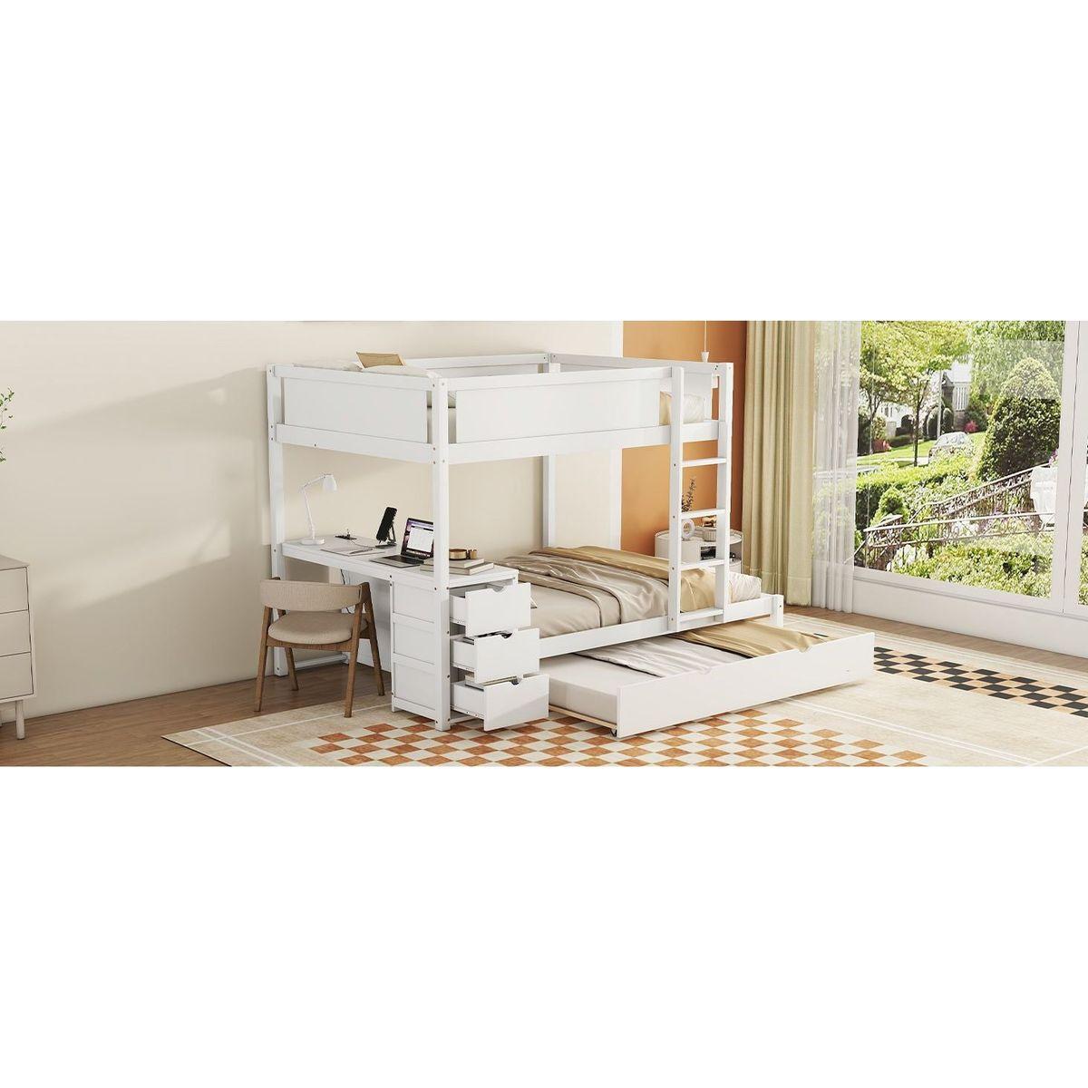 Full-Over-Full Bunk Bed with Twin size Trundle, Storage and Desk, White