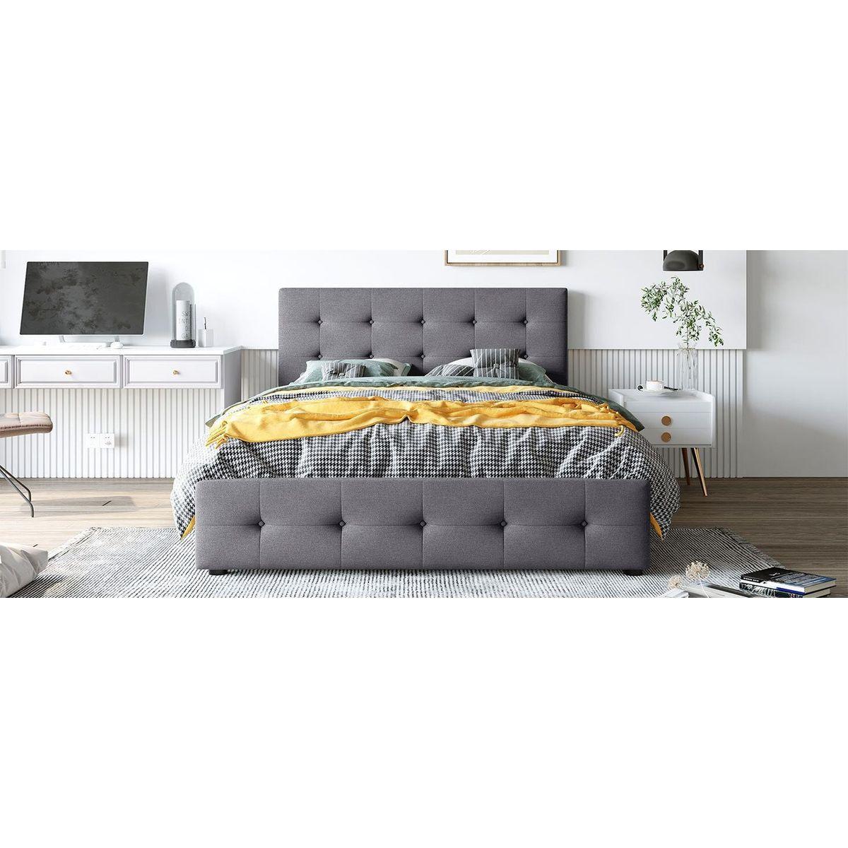 Upholstered Platform Bed with Classic Headboard and 4 Drawers, No Box Spring Needed, Linen Fabric, Queen Size Dark gray