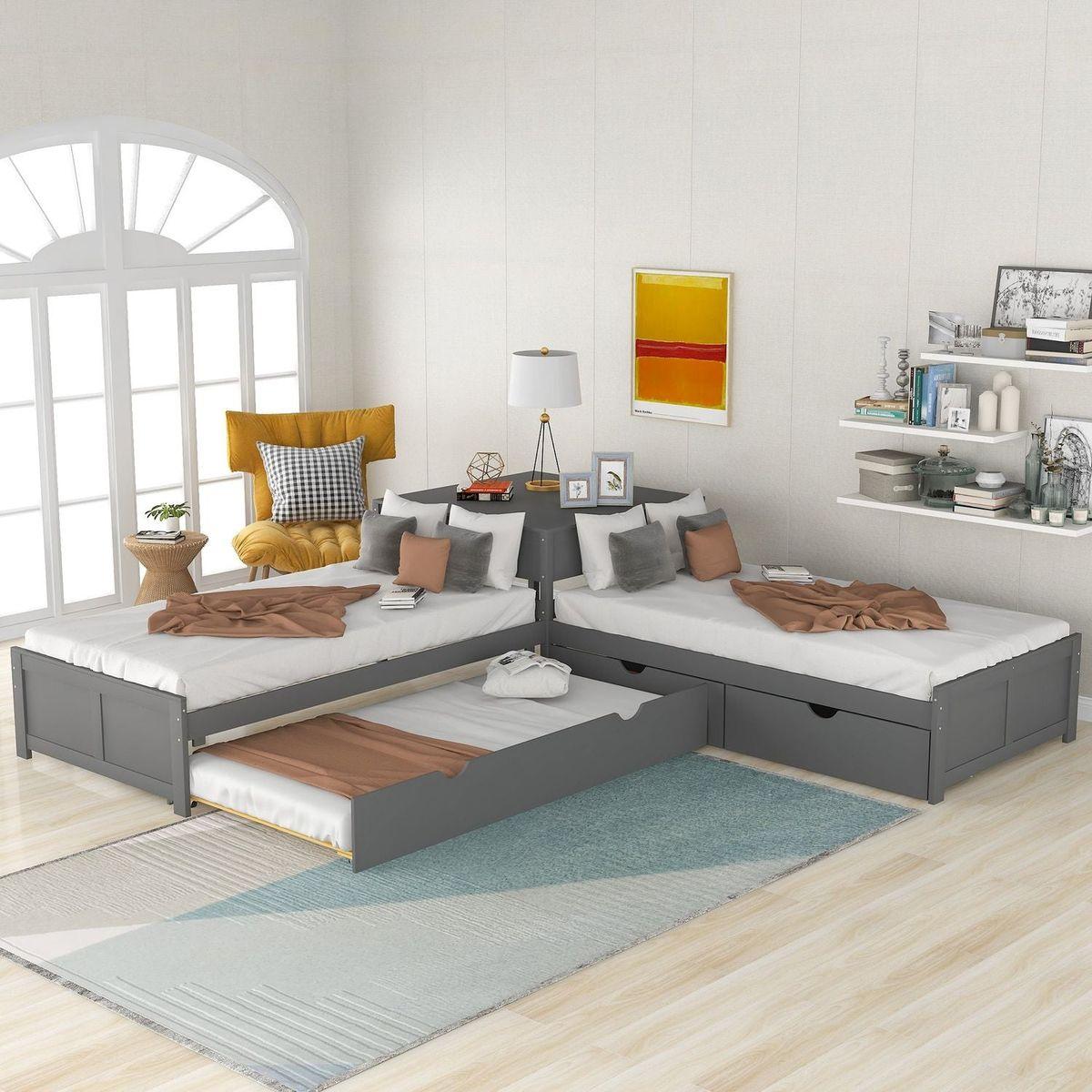 L-shaped Platform Bed with Trundle and Drawers Linked with built-in Desk,Twin,Gray(Old SKU:SM000916AAE-1) - Streamdale Furniture