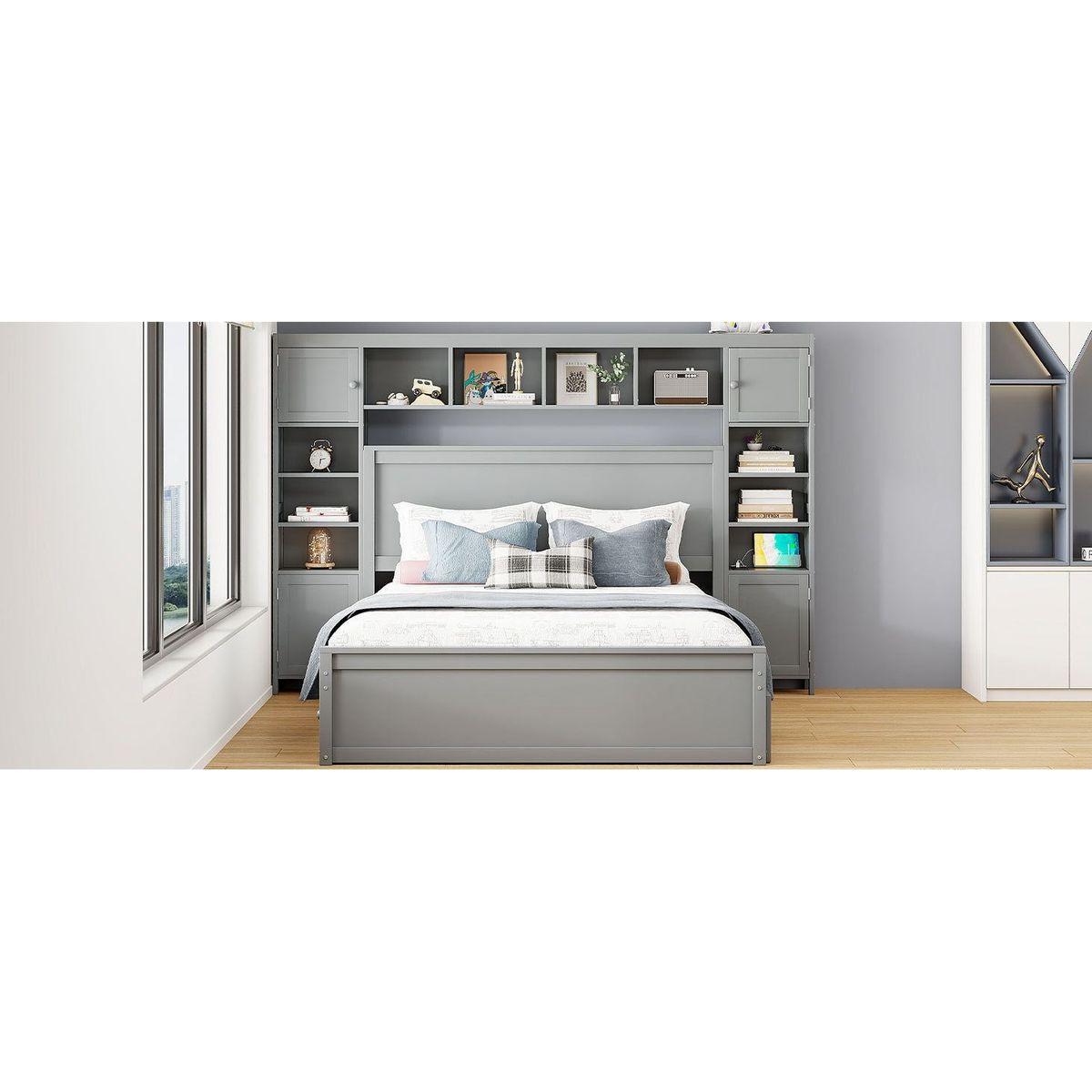 Queen Size Wooden Bed With All-in-One Cabinet, Shelf and Sockets, Gray