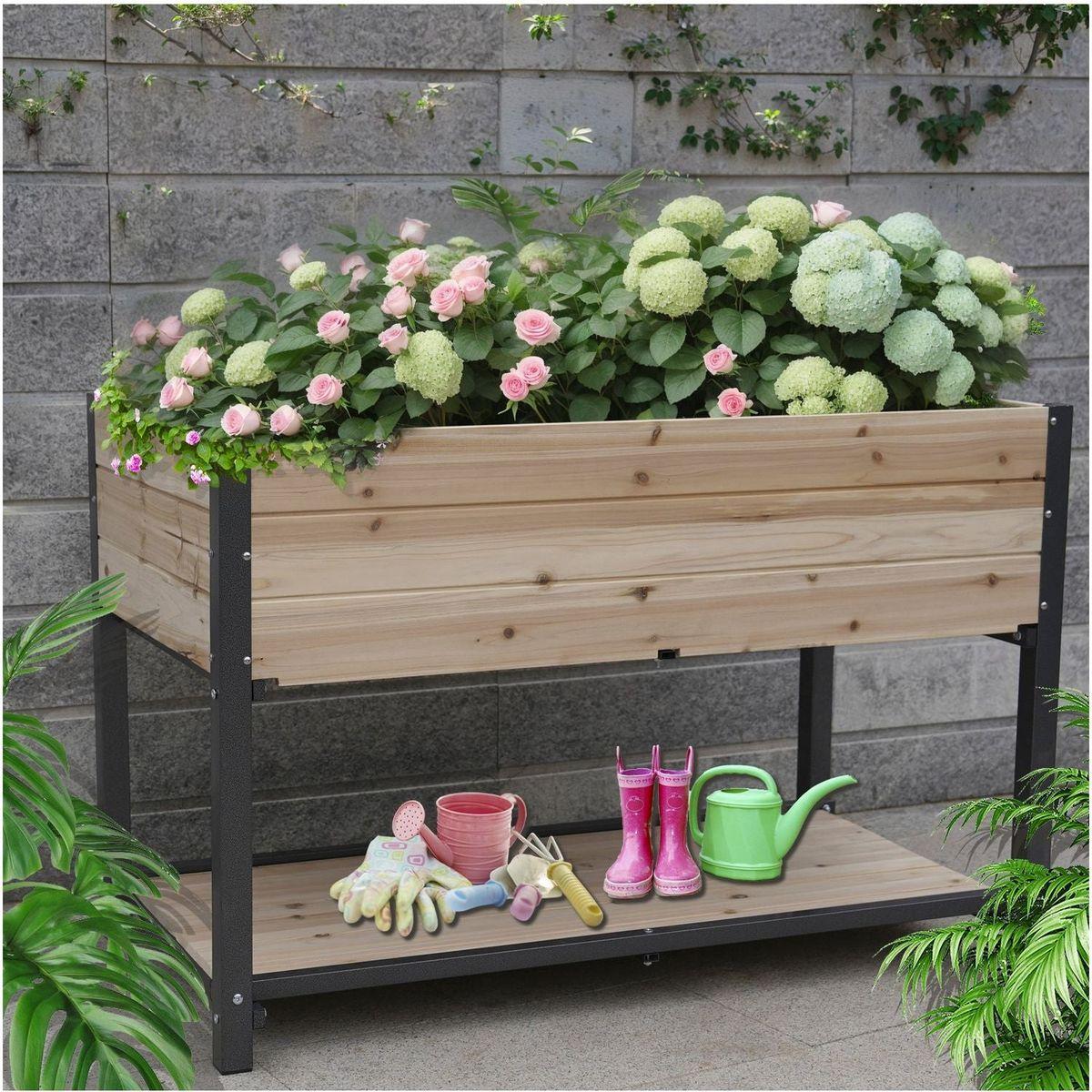 New style: 45" Iron-wood combined growing beds with feet and storage racks. Suitable for various places such as gardens, backyards, terraces, balconies, etc.
