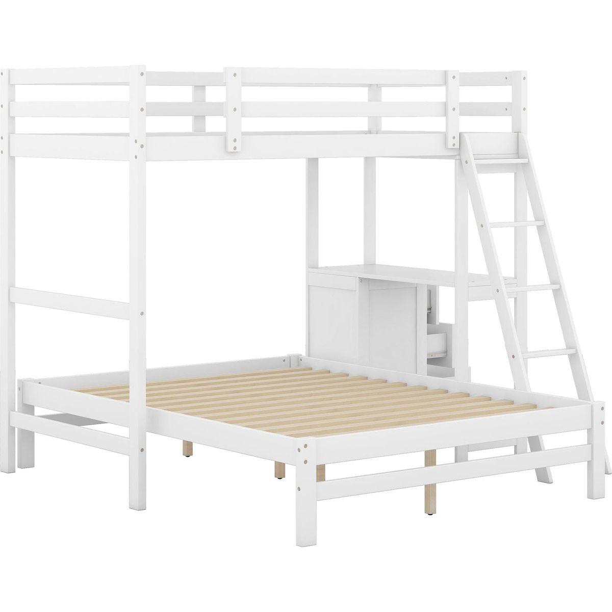 Twin over Full Bunk Bed with Built-in Desk and Three Drawers,White