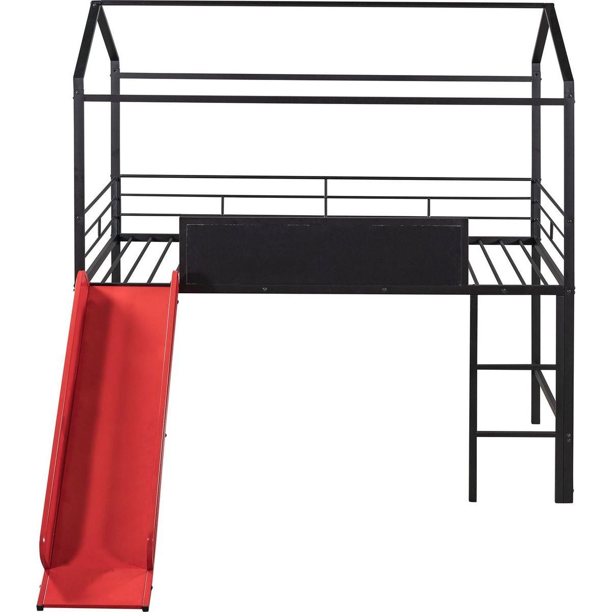 Metal House Bed With Slide, Twin Size Metal Loft Bed with Two-sided writable Wooden Board (Black and Red)
