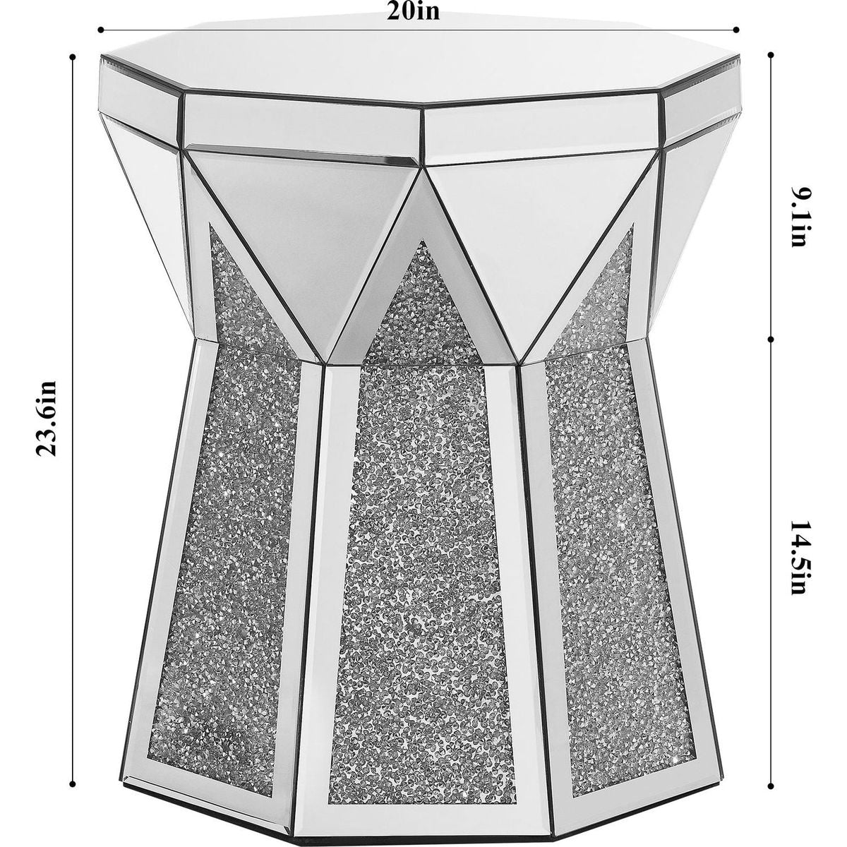 Drum style coffee table with mirror crystal inlay, polygonal silver decorative table, modern design luxury modern furniture, 20 inch (about 50 centimeters) low coffee table, suitable for living room