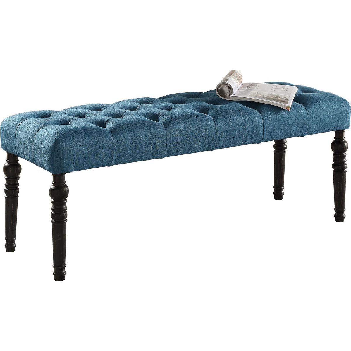 Leviton Fabric Tufted Turned Leg Dining Bench, Blue
