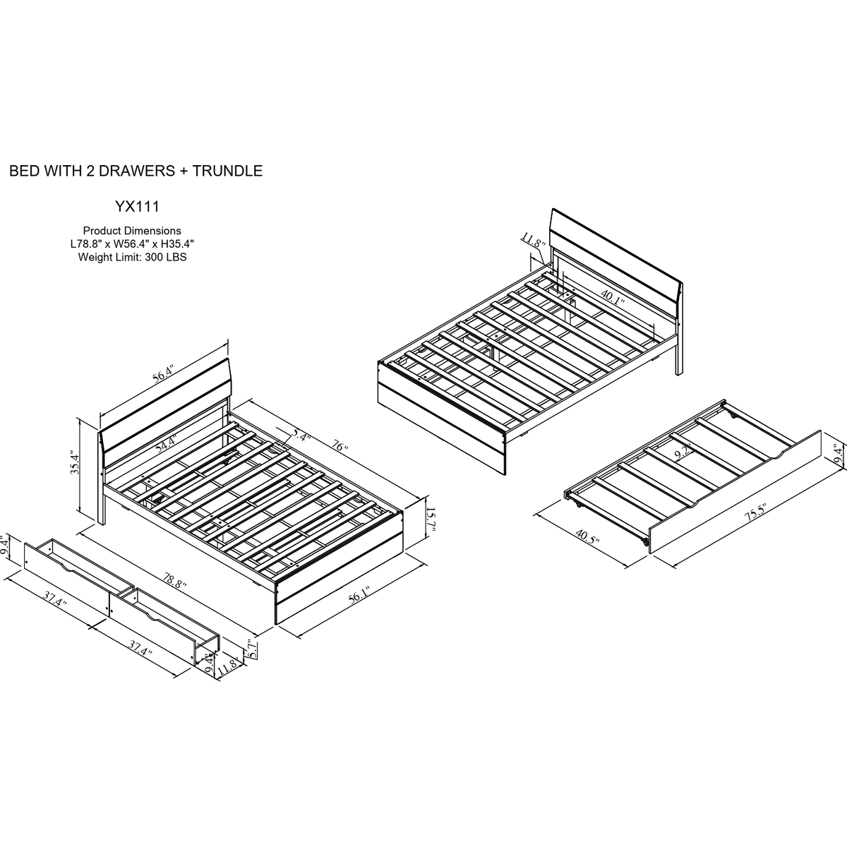 Modern Full Bed Frame With Twin Size Trundle And 2 Drawers For White High Gloss and Washed White Color