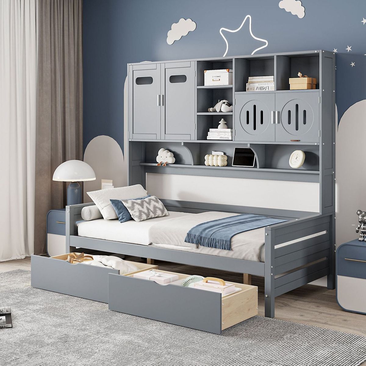 Twin Size Wooden Daybed With 2 Drawers, and All-in-One Cabinet and Shelf, Gray