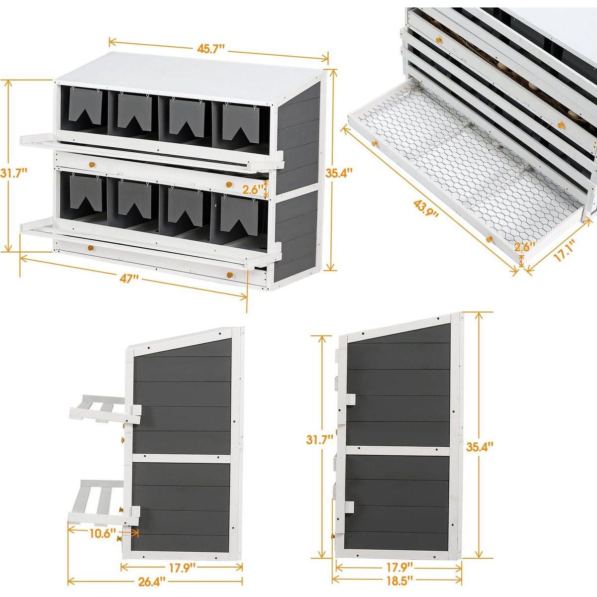 Wooden Chicken Nesting Box for Laying Eggs,Solid Pine Wood 8 Compartments Egg Laying Boxes for Hens with 2 Roll Out Egg Collection Drawers and 4 Vented Holes,2 Foldable Perches,47"Lx26.4"Wx35.4"H-Gray