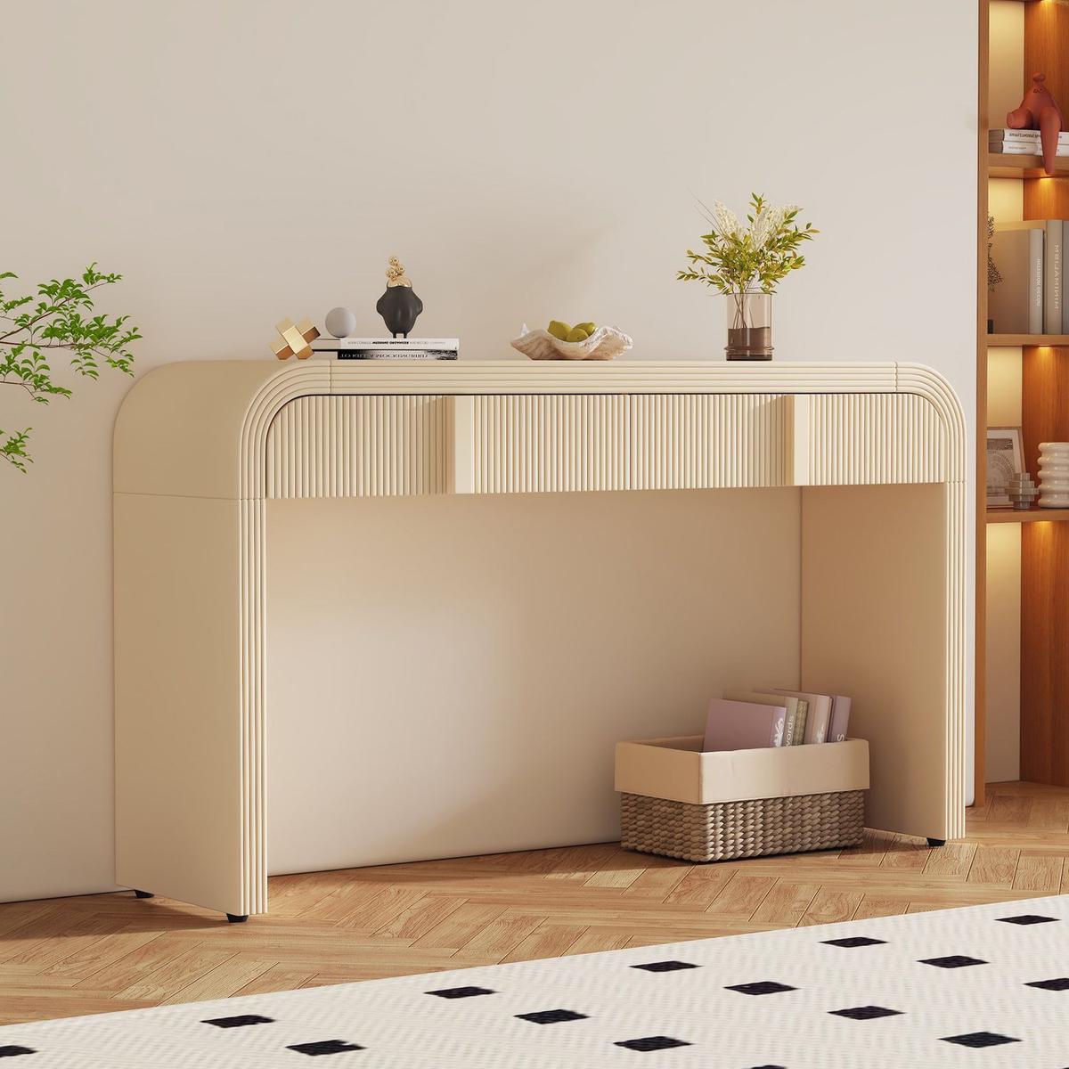 Unique Modern Rounded Silhouette and Smooth Surface Console Table with 2 Drawers for Living Room and Entryway( Apricot Cream)