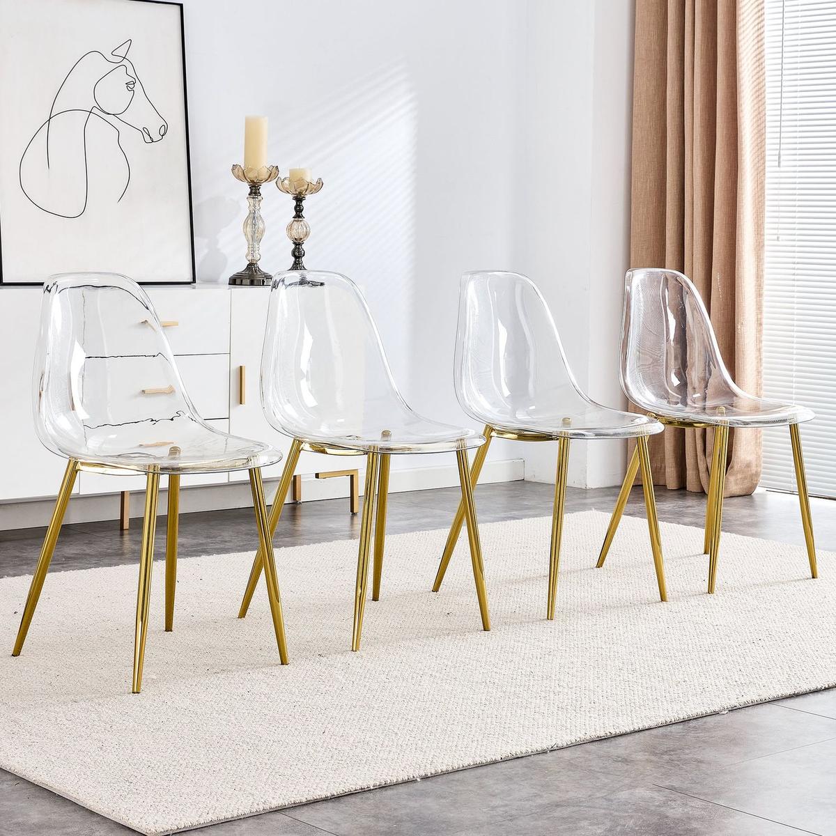 Modern simple transparent dining chair plastic chair armless crystal chair Nordic creative makeup stool negotiation chair Set of 4 and plating metal leg of golden