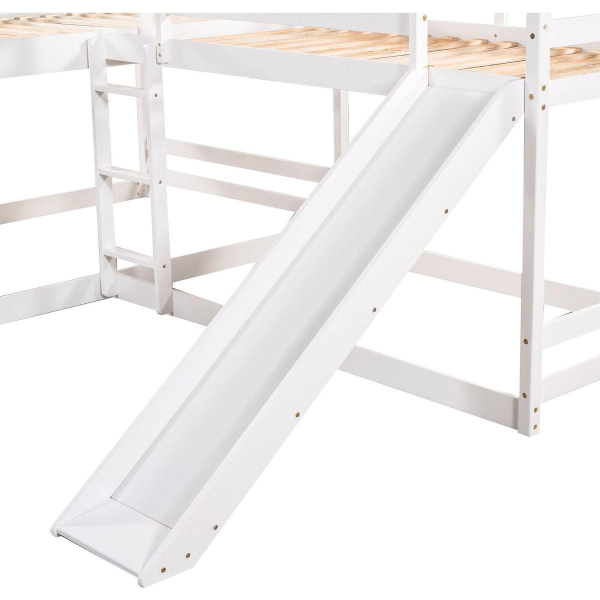 Full and Twin Size L-Shaped Bunk Bed with Slide and Short Ladder,White