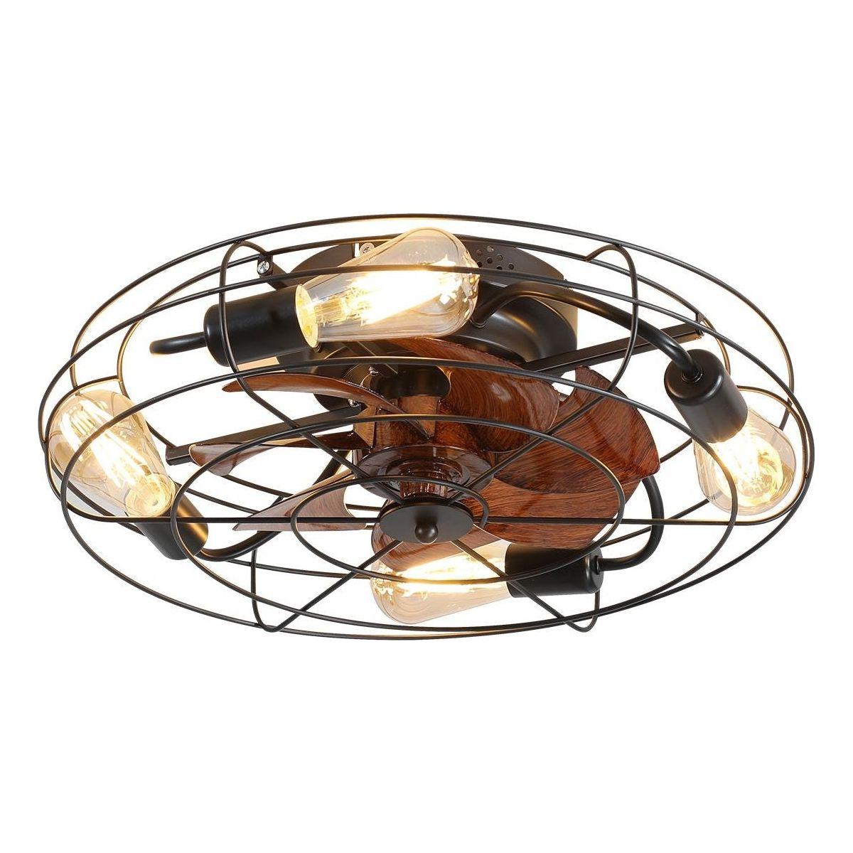 Caged Ceiling Fan With Light, 20" farmhouse Low Profile Ceiling fan Lights With Remote Control, Modern Enclosed 4x E26 Bulb Ceiling Fans With Reversible Motor Living Room Bedroom Kitchen, Black