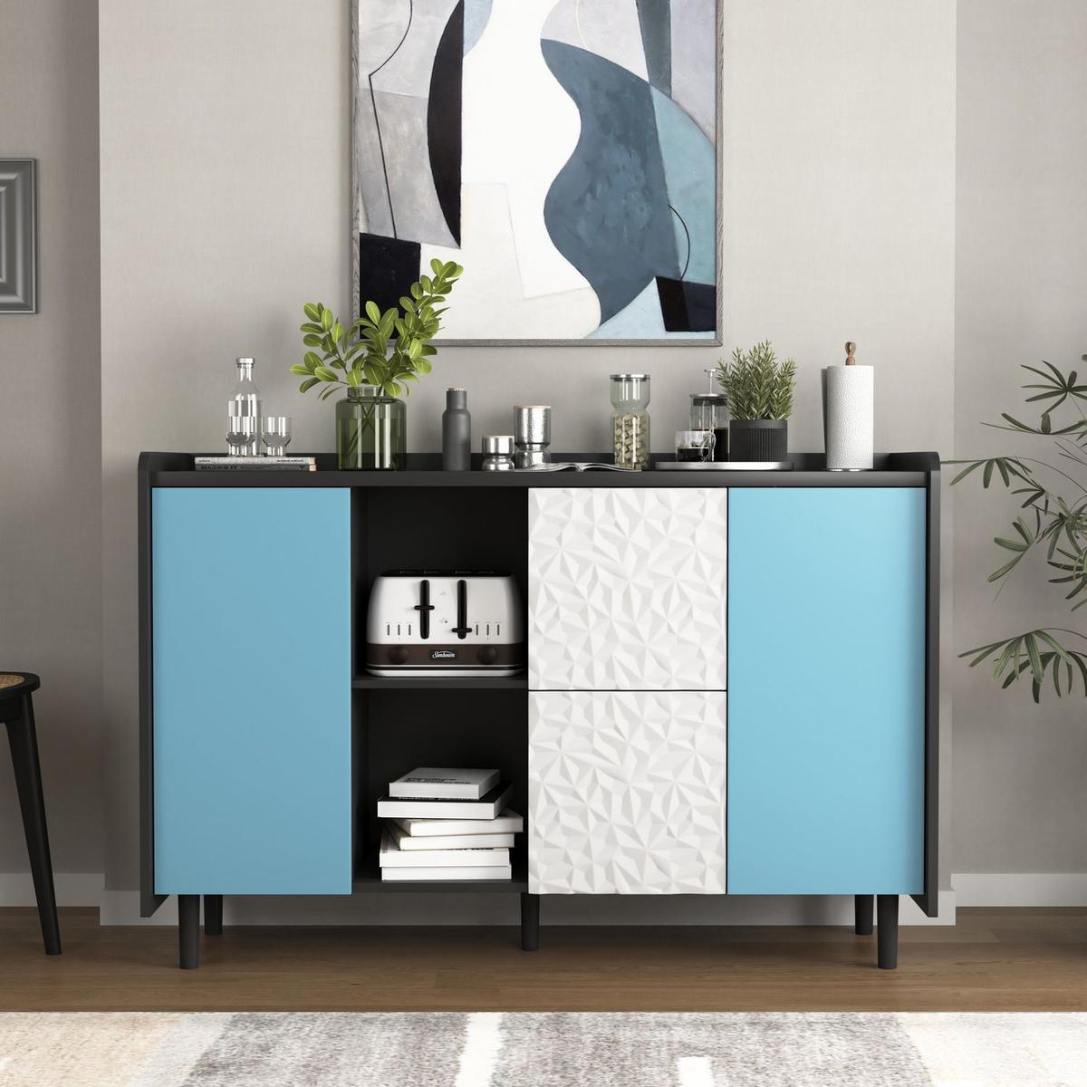 Sideboard Buffet Cabinet, Black Storage Cabinet with Blue Doors, 2 Drawers with unique panel styling and 2 Open Storage Compartment, Modern Coffee Bar Cabinet Accent Cabinet for Kitchen, Dining Room