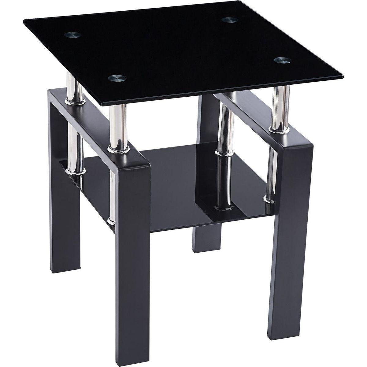 2-Piece Tempered Black Glass Sofa Table, Black Noghtstand with Metal Leg for Living Room