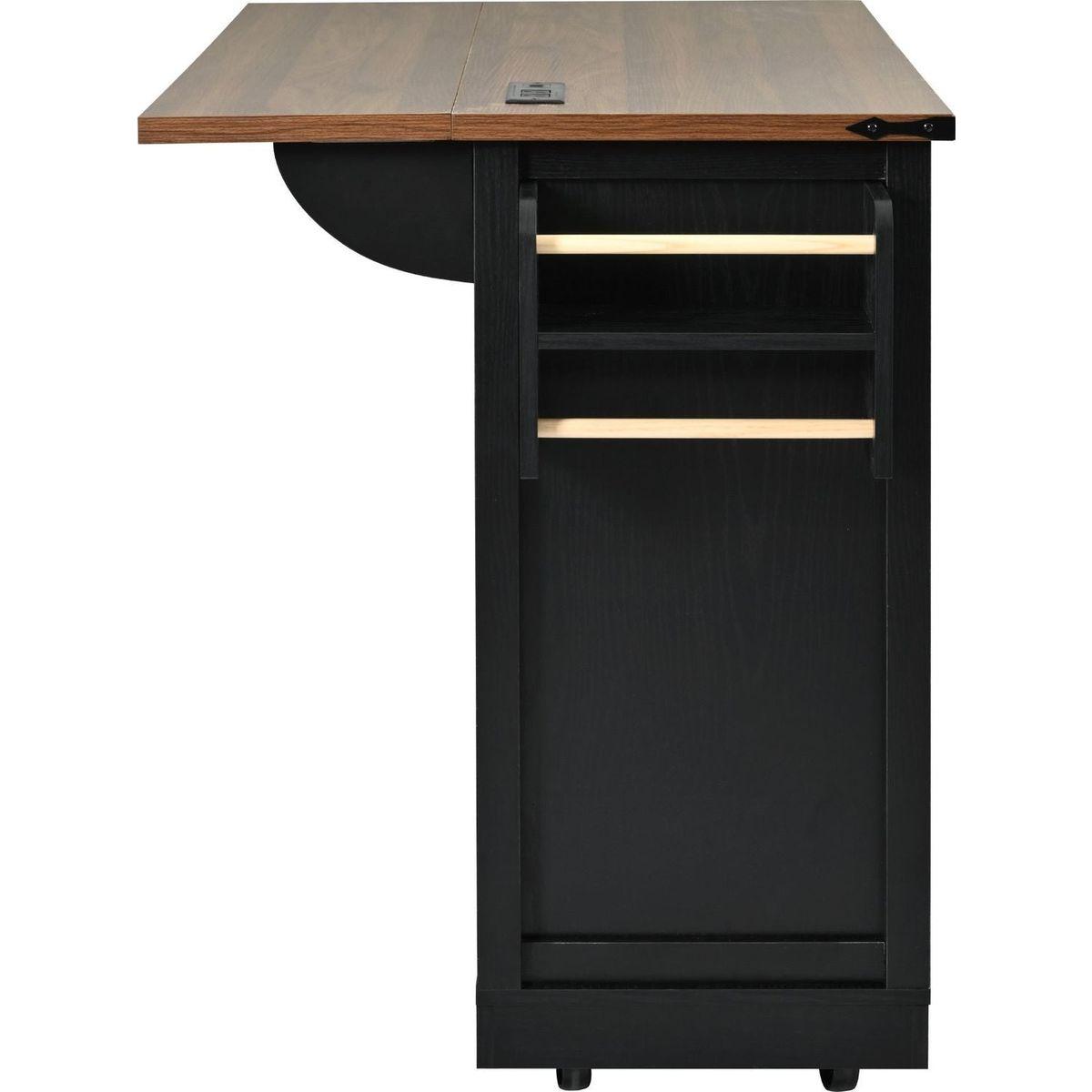 53.7" Farmhouse Kitchen Island with Power Outlet, 2 Sliding Barn Door Kitchen Storage Island with Drop Leaf, Spice Rack Rolling Kitchen Cart on Wheels, for Home, Kitchen and Dining Room, Black