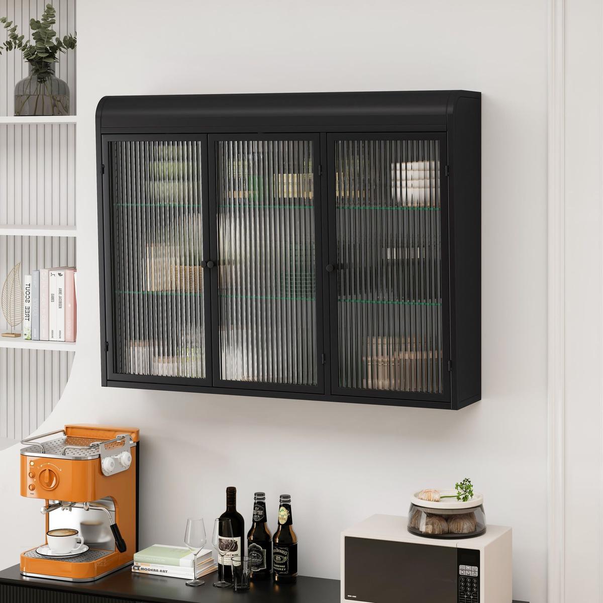 3 Door Arched Wall Mounted Glass Cabinets for Kitchen, Living Room and Bathroom(Black)