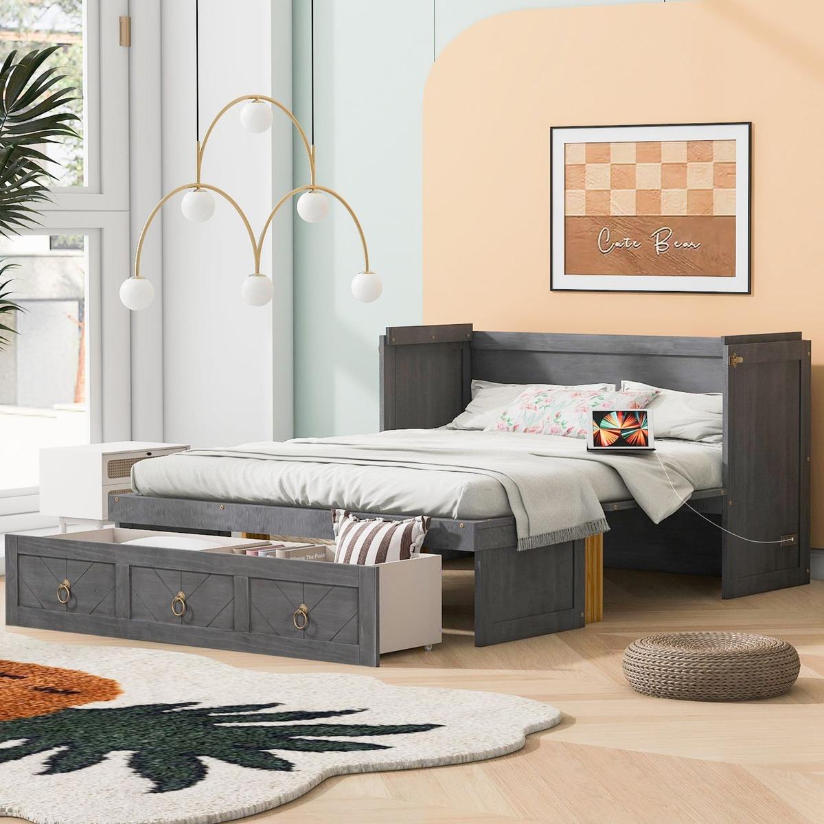 Queen Size Murphy Bed with USB Port and a Large Drawer, Gray