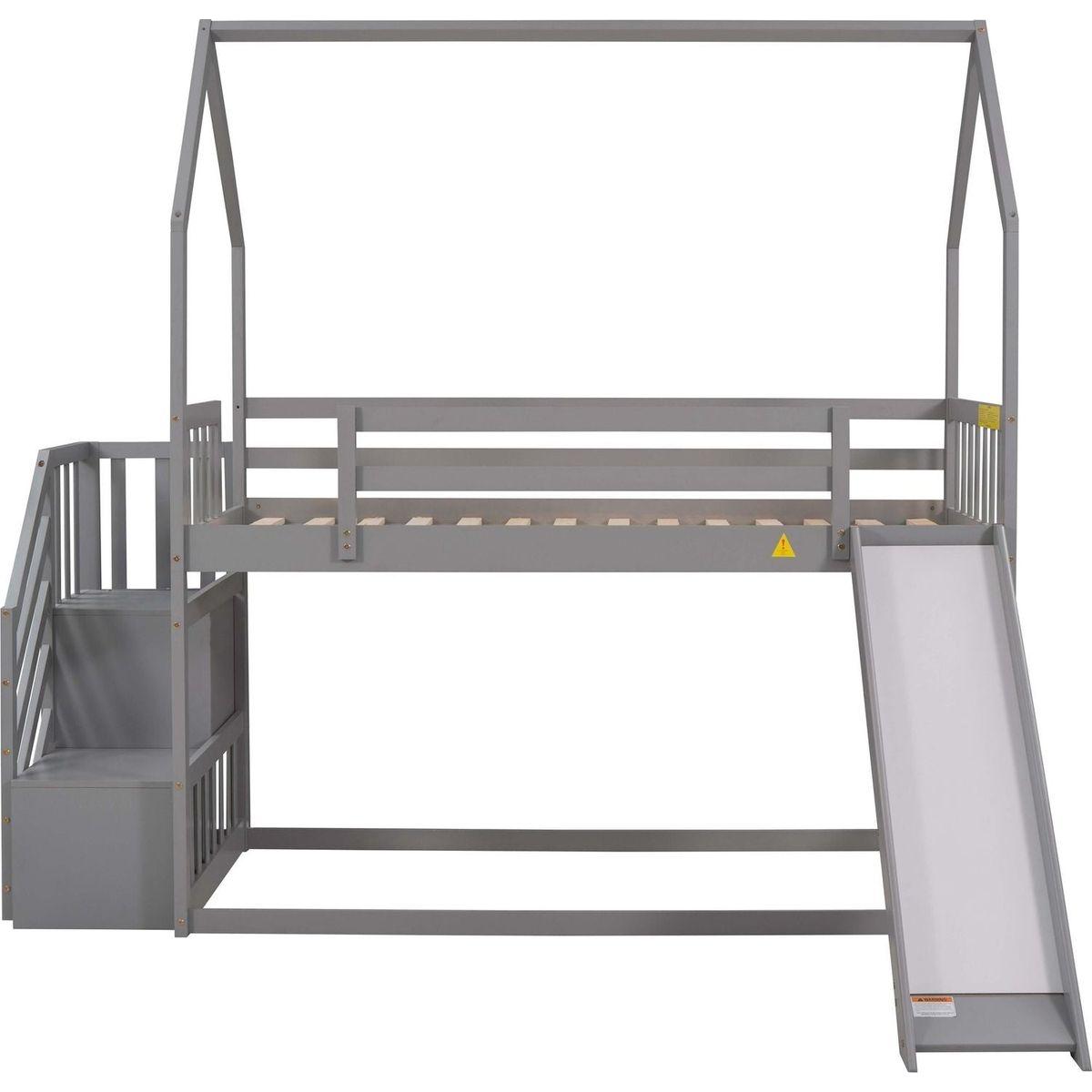Twin over Twin House Bunk Bed with Convertible Slide,Storage Staircase can be Placed Left or Right,Gray