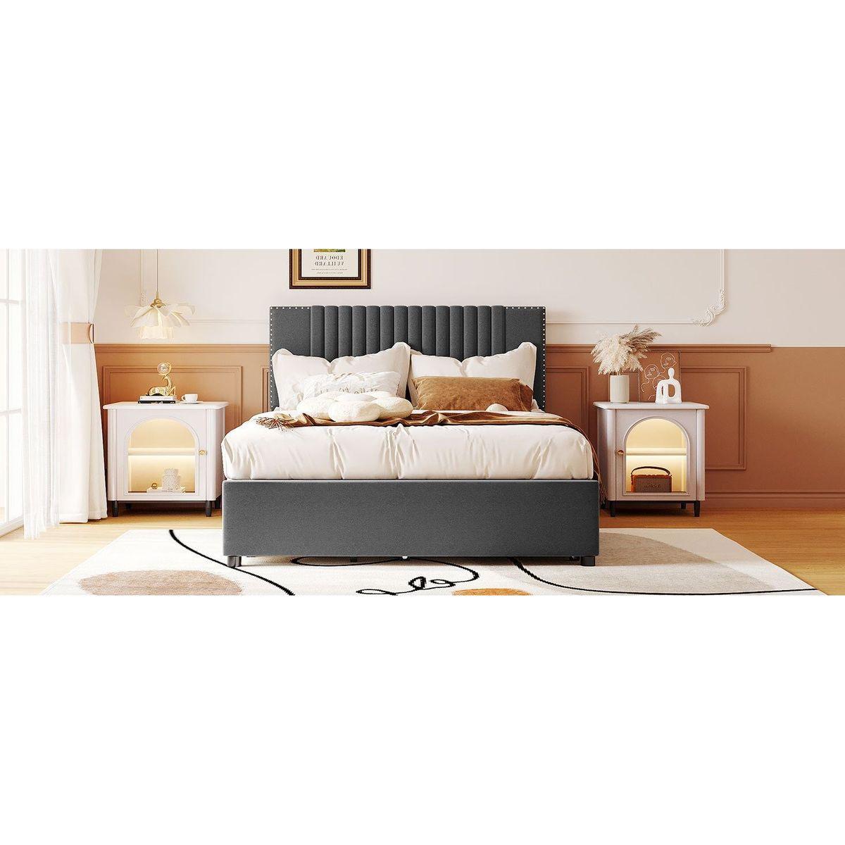 Full Size Upholstered Platform Bed with 2 Drawers and 1 Twin Size Trundle, Classic Headboard Design, Gray