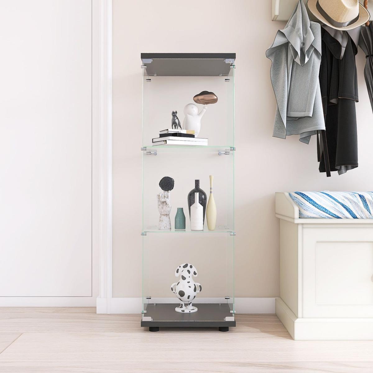 Glass Display Cabinet with 3 Shelves, One-Door Curio Cabinets for Living Room, Bedroom, Office, Black Floor Standing Glass Bookshelf, Quick Installation