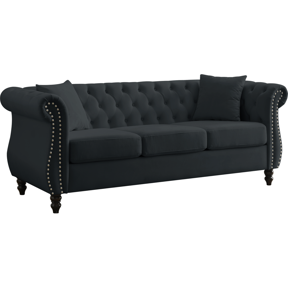80" Chesterfield Sofa Black Velvet for Living Room, 3 Seater Sofa Tufted Couch with Rolled Arms and Nailhead for Living Room, Bedroom, Office, Apartment, 3S+2S