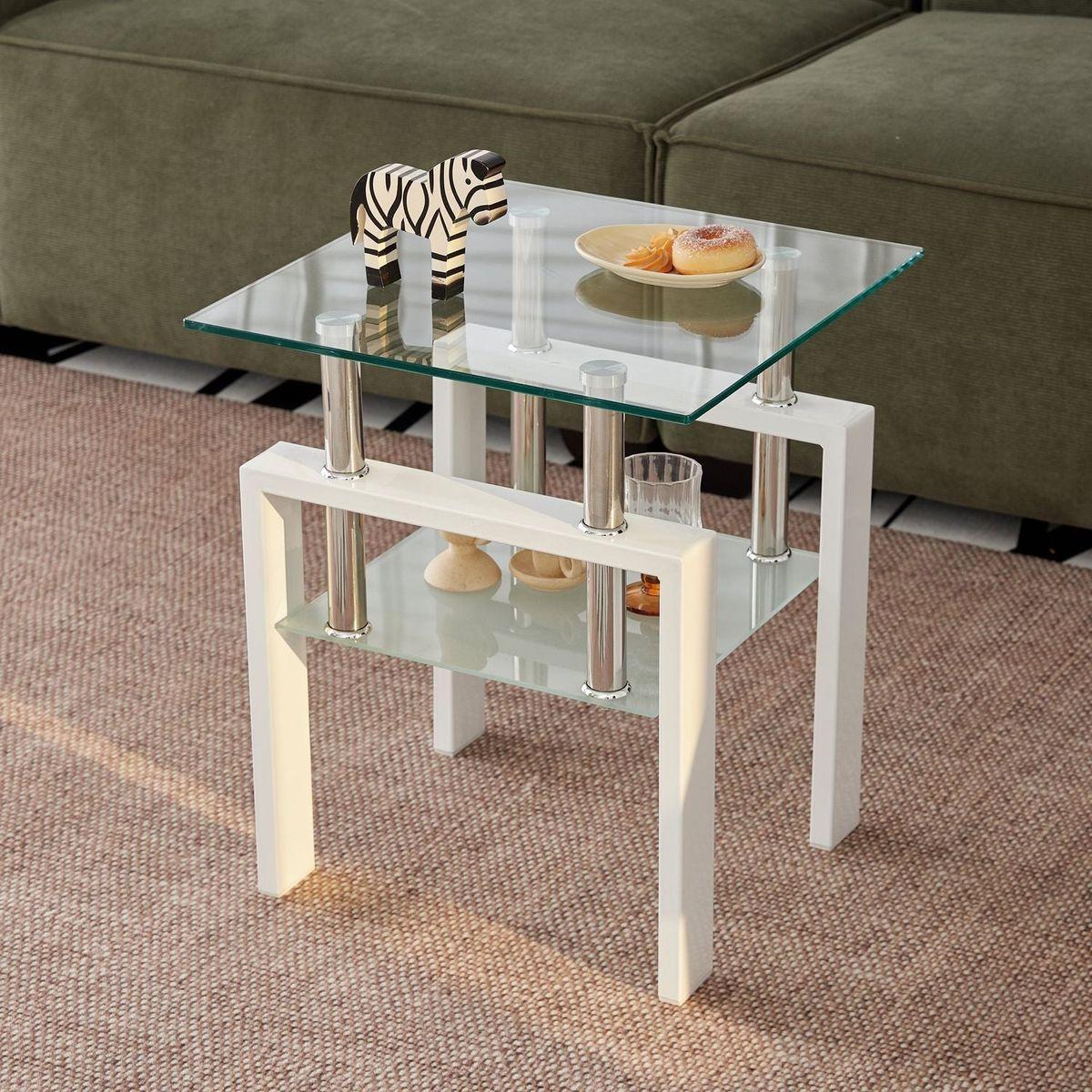2 pieces White Tempered Clear Glass End Table, 2-Layers Small Table with Storage, Living Room Side Table