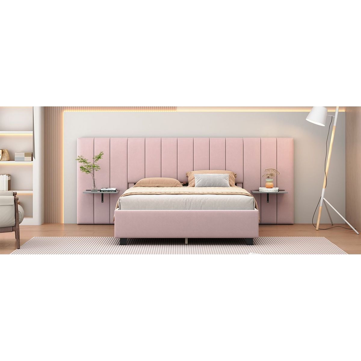 Queen Size Upholstered Platform Bed with Big Headboard, Bedroom Furniture, Velvet, Pink