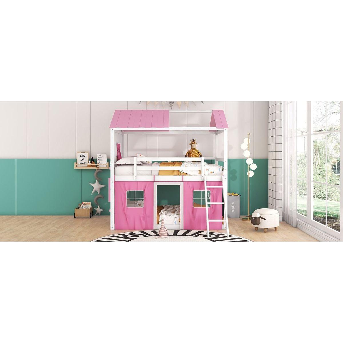 Full Size Bunk Wood House Bed with Elegant Windows, Sills and Tent, Pink+White