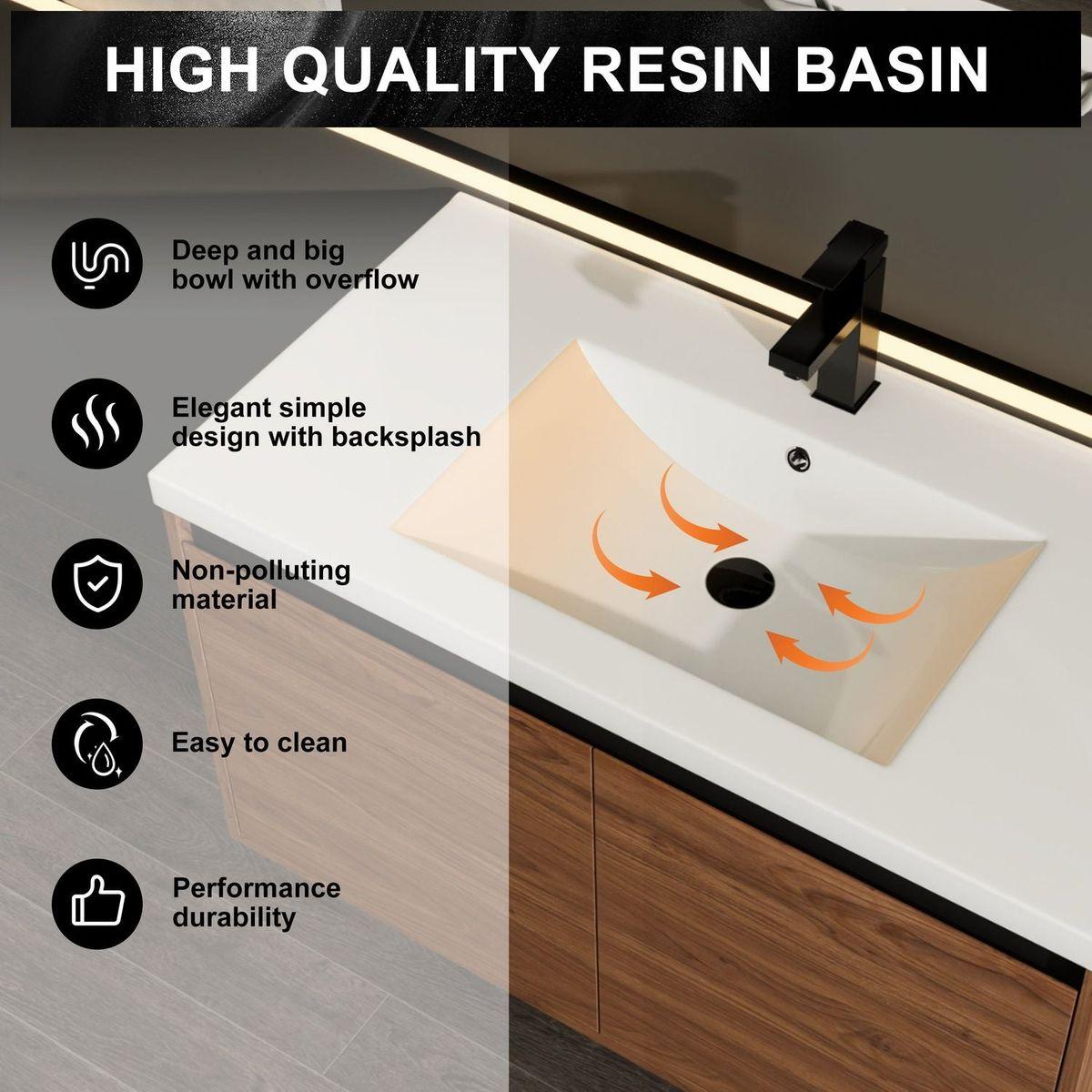 LEVISTAR Brown 36 Inch Bathroom Vanity with resin Countertop Sink, 2 Doors Bathroom Cabinet Set