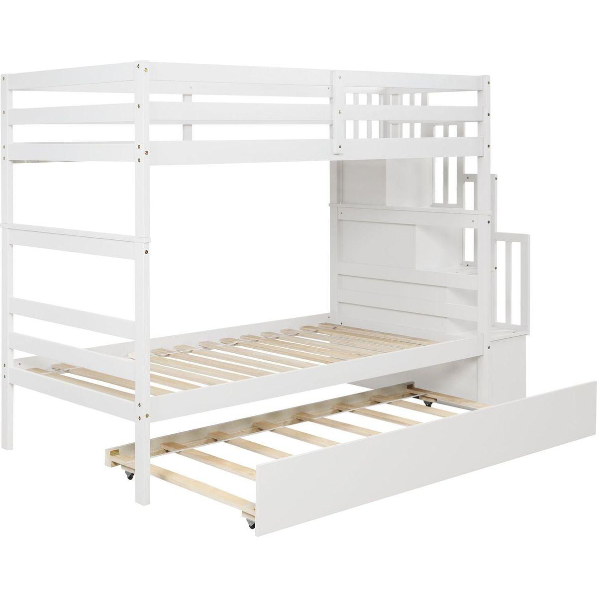 Twin over Twin Bunk Beds With Twin Trundle and Stairway Storage Function in White color