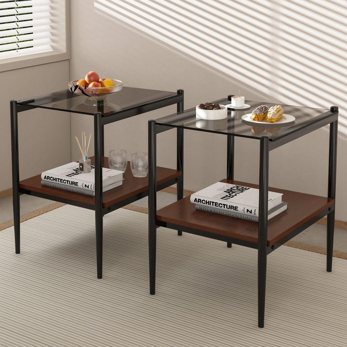 Set of 2 Rectangle End Table, Tempered Glass Tabletop with MDF layer, Modern Table for Living Room, Gray Glass