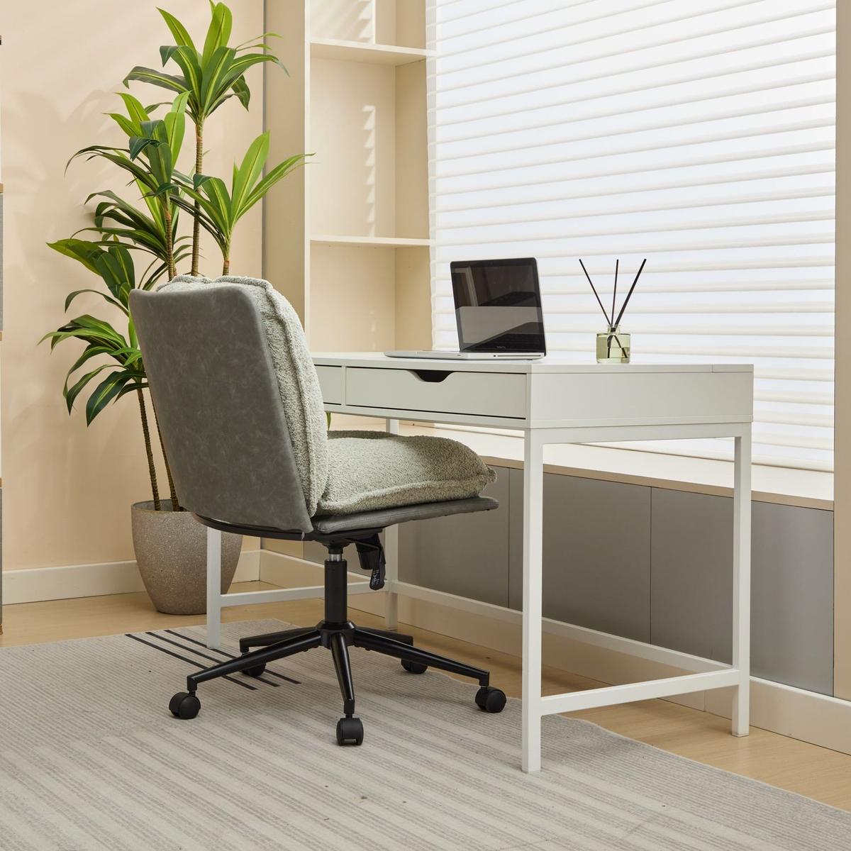 Oversize Seat Cirss Cross Chair with Wheels, Elegant Design Computer Chair, Adjustable Height 360 Rolling Swivel Home Office Chair for Small Space, Dressing Room, Living Room (GRAY+GREEN)