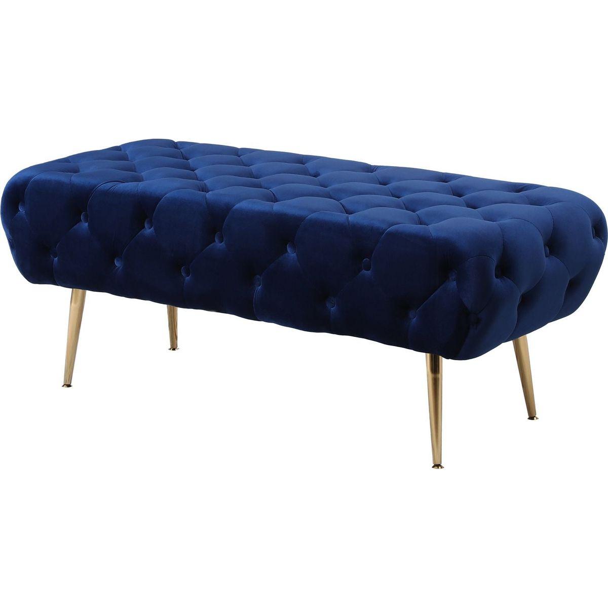 Sira Velvet Button Tufted Bench with Gold Metal Legs, Blue