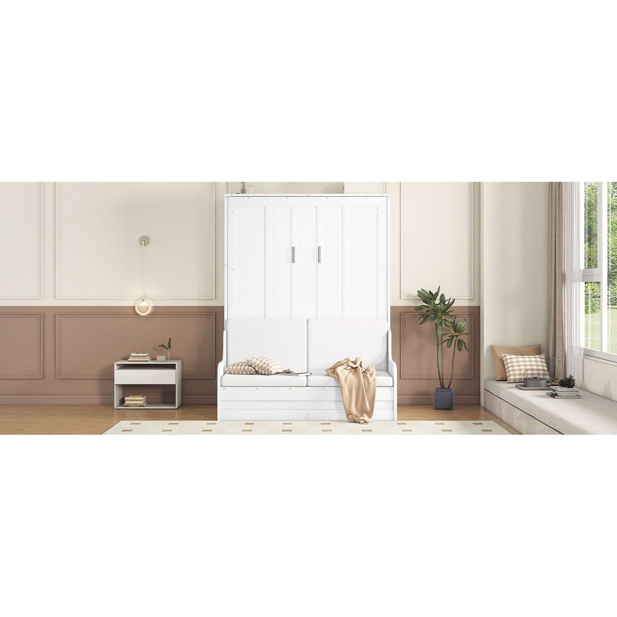 Queen Size Murphy Bed Wall Bed with Cushion,White