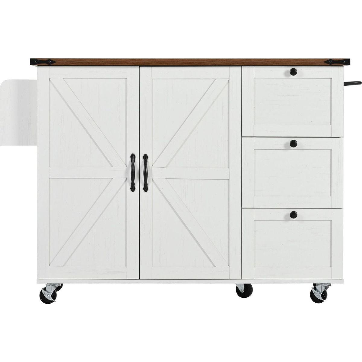 54.5" Farmhouse Kitchen Island with Power Outlet, Kitchen Storage Island with Internal Storage Rack, Drop Leaf, Spice Rack, Rolling Kitchen Cart on Wheels, for Home, Kitchen and Dining Room,White