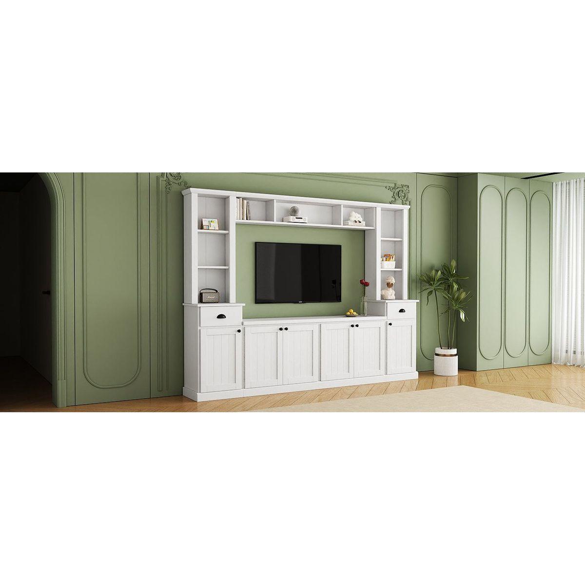 Minimalist Entertainment Wall Unit Set with Bridge for TVs Up to 75", Ample Storage Space TV Stand with Adjustable Shelves, Modernist Large Media Console for Living Room, White