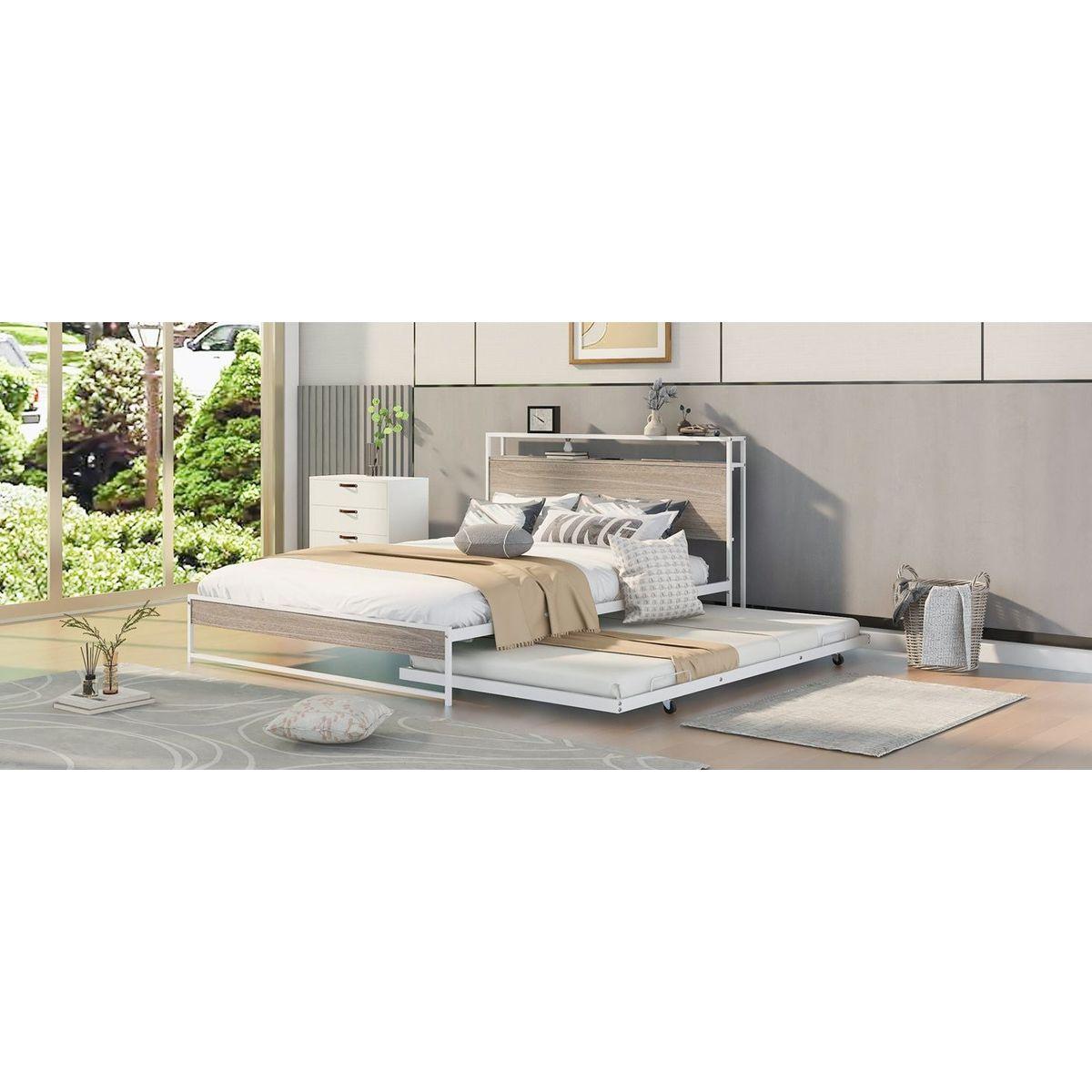 Queen Size Metal Platform Bed Frame with Trundle, USB Ports and Slat Support, No Box Spring Needed White