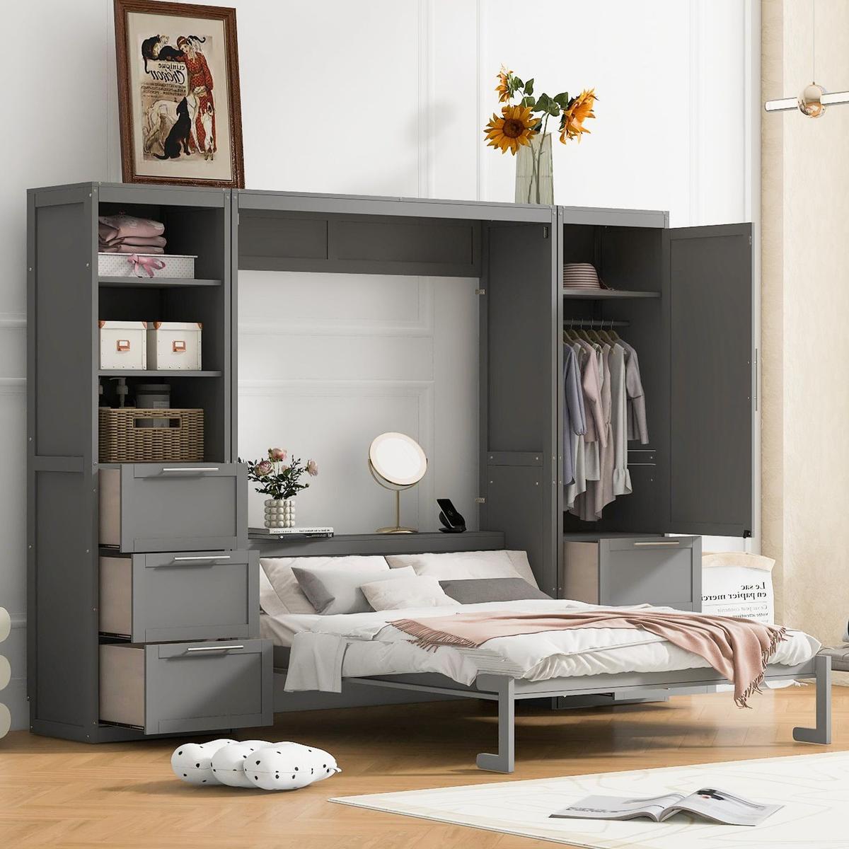 Queen Size Murphy Bed Wall Bed with Closet, Drawers and Shelves,Gray