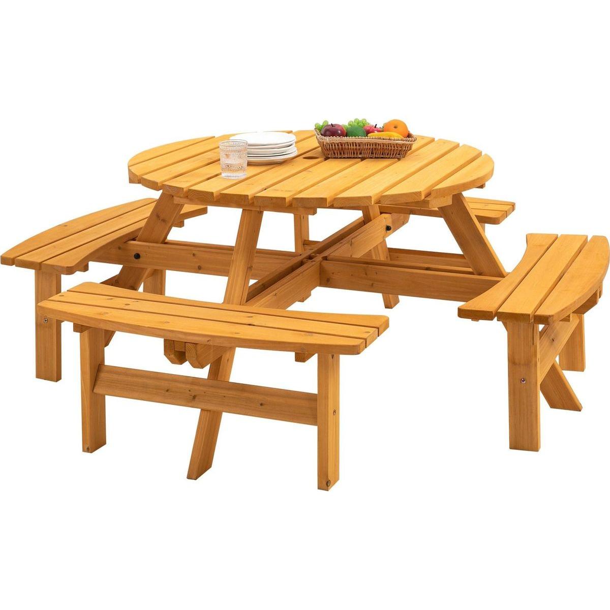 8 Person Wooden Picnic Table, Outdoor Camping Dining Table with Seat, Garden, DIY w/ 4 Built-in Benches, 2220lb Capacity - Natural