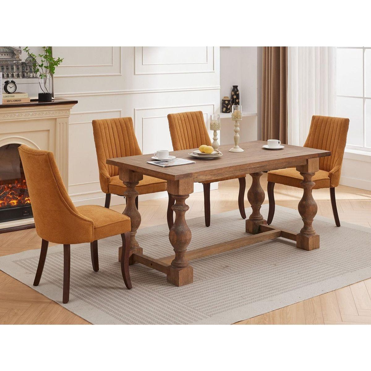 Rayon Cloth Flocking Linen Dining Chairs Channel Kitchen Dinner Chair Comfy Fabric Upholstered Accent Chair for Dining Room with Curved Solid Wood Legs,Set of 2 (Gold)