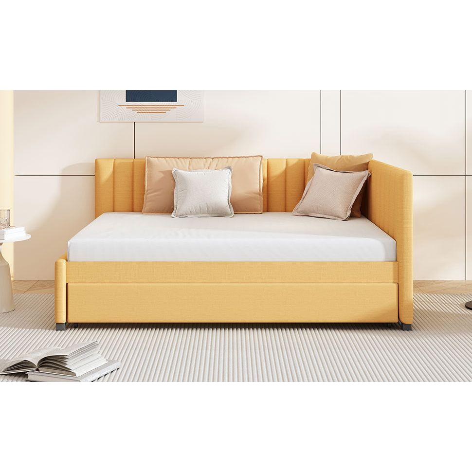 Full Size Upholstered Daybed with Trundle Sofa Bed Frame No Box Spring Needed, Linen Fabric(Yellow)