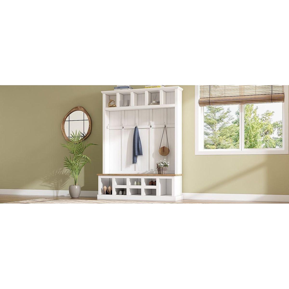 Farmhouse Wooden Style 78"H Modern Hall Tree with Wide Storage Seating Bench, Entryway Shoe Cabinet with 13 Compartments, Elegant Coat Rack with 6 Hooks for Mudroom, Living room, White