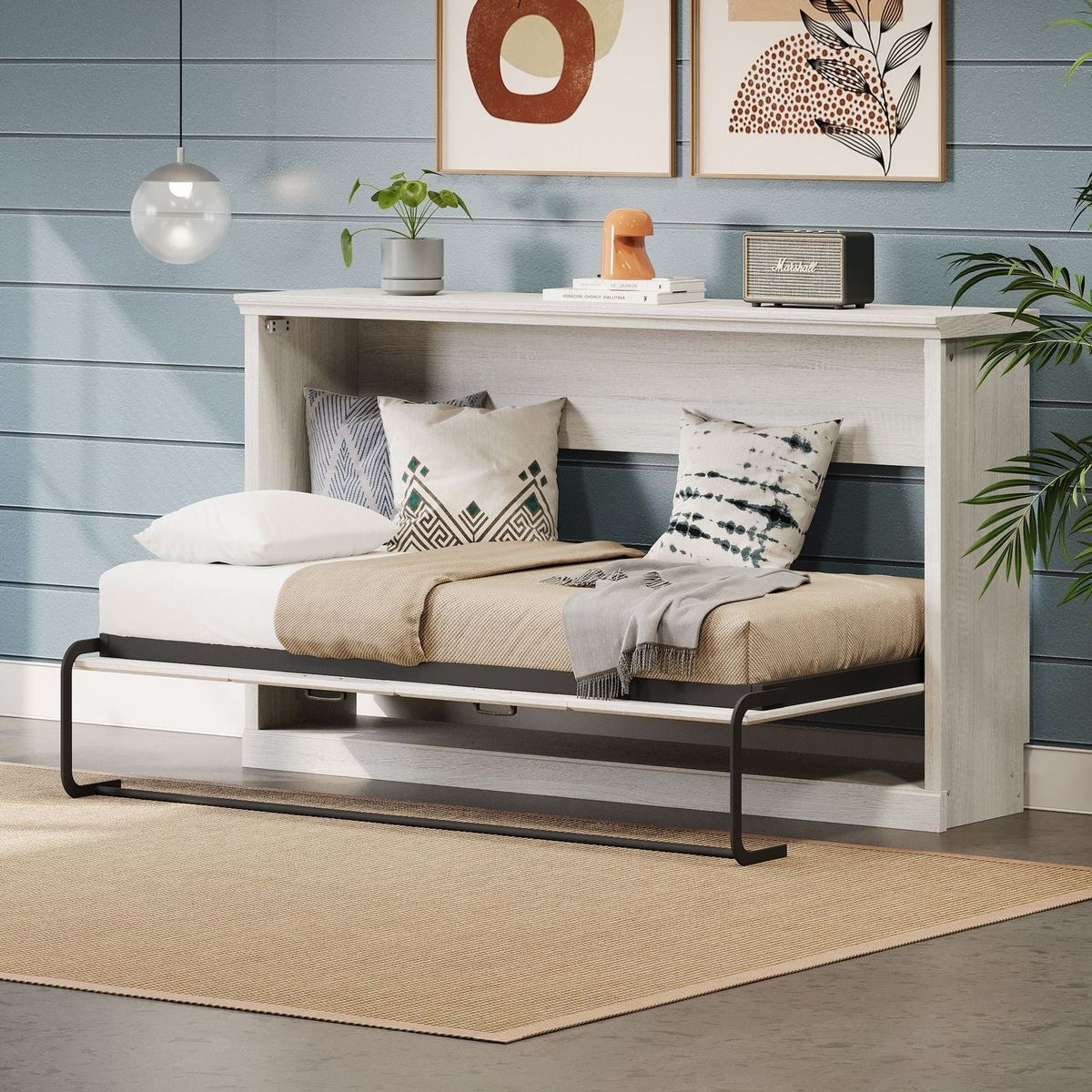 Twin Size Horizontal Murphy Bed, Hideaway Wall Bed, Folding into Cabinet, Space Saving Furniture for Multipurpose Guest Room, Home Office, Rustic White