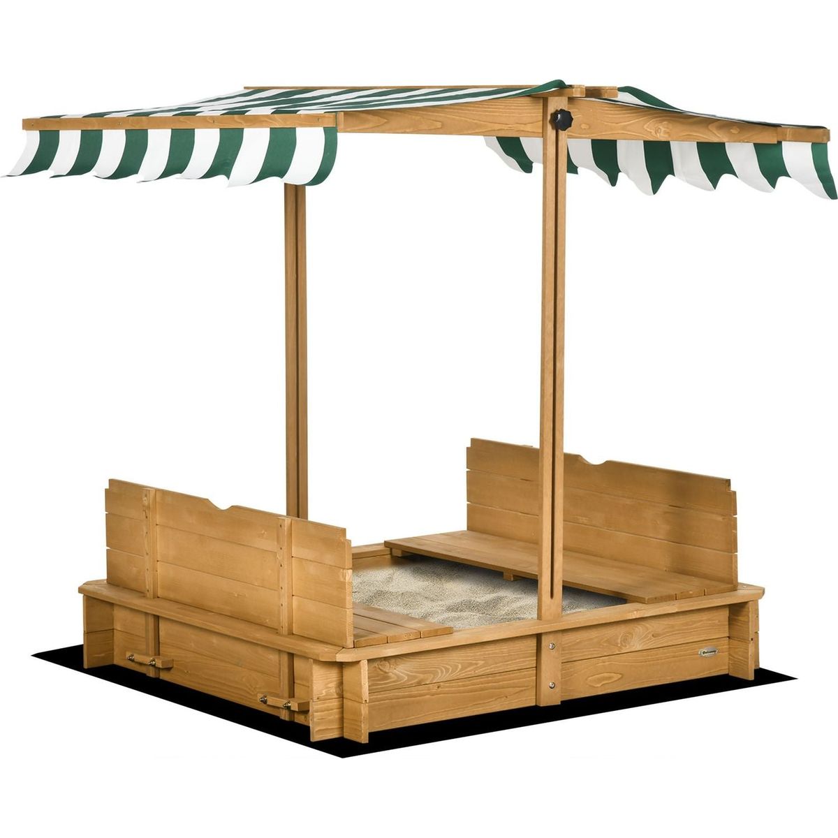Wooden Kids Sandbox with Cover, Children Outdoor Sand Box with Foldable Bench Seats, Adjustable Canopy, Bottom Liner for Outdoor, Brown