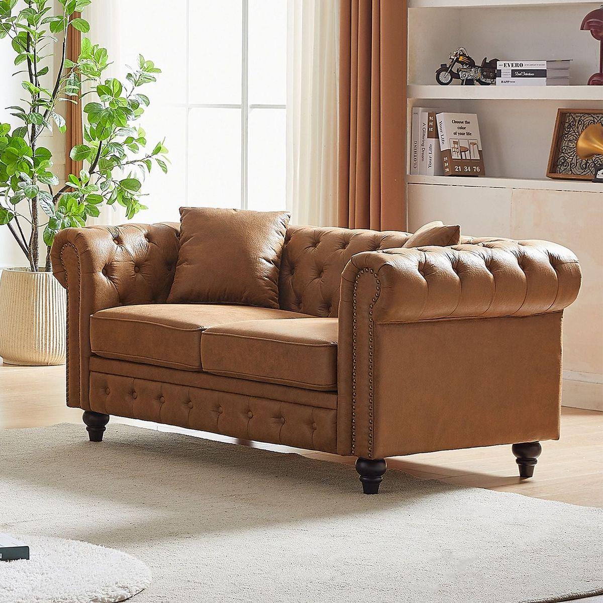 63.5" Contemporary Design chesterfield sofa, Tech Fabric Button Design Living Room Sectional, Button Tufted with Nail Design Arms with 2 Pillows, Upholstered Upholstery and Wooden Legs