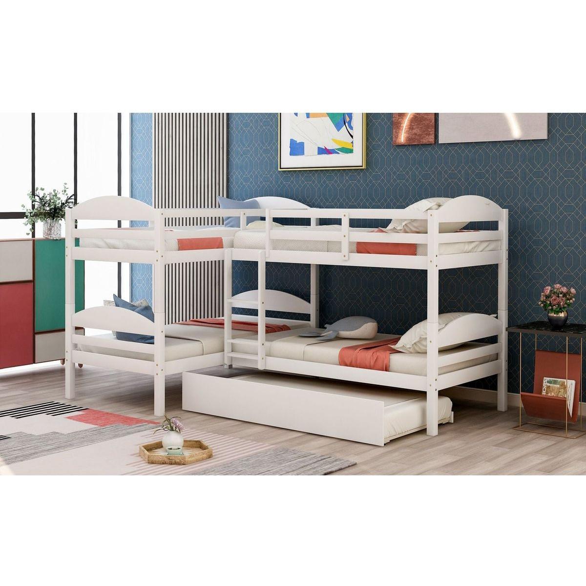 Twin L-Shaped Bunk bed with Trundle-White{O